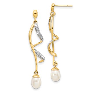 14k 7x5mm White Teardrop Freshwater Cultured Pearl and .01 carat Diamond Dangle Post Earrings