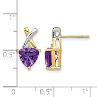 14K Yellow Gold and White Rhodium 7mm Trillion Amethyst and White Topaz -x- Post Earrings view 4
