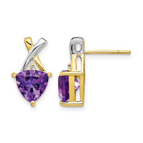 14K Yellow Gold and White Rhodium 7mm Trillion Amethyst and White Topaz -x- Post Earrings