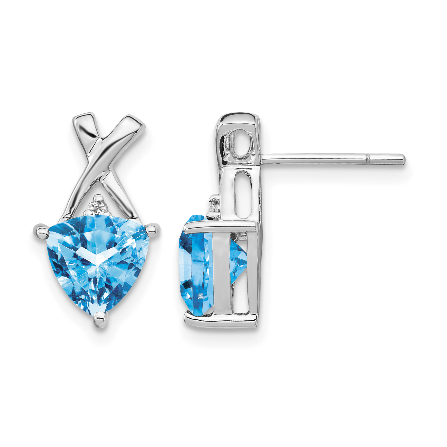 14k White Gold Blue Topaz and White Topaz Trillion Post Earrings (XE2590BT)