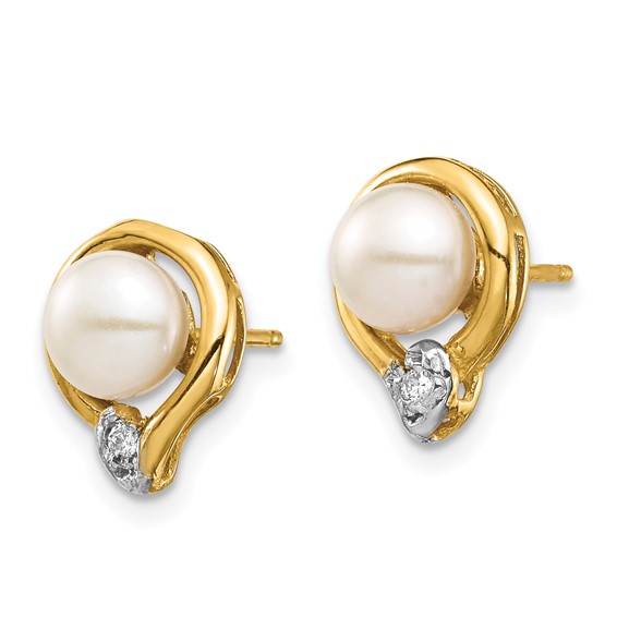 14k 5-6mm White Button Freshwater Cultured Pearl and .02 Carat Diamond Post Earrings