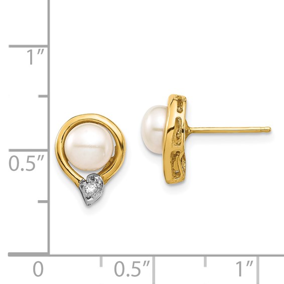 14k 5-6mm White Button Freshwater Cultured Pearl and .02 Carat Diamond Post Earrings