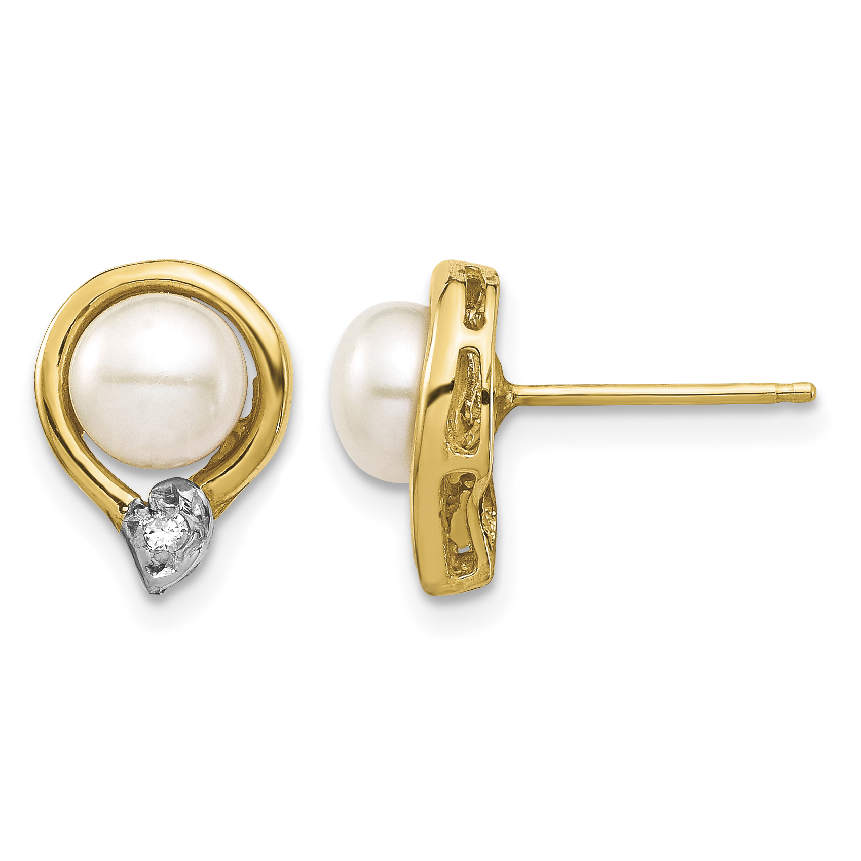 14k 5-6mm White Button Freshwater Cultured Pearl and .02 Carat Diamond Post Earrings (XE3234AA)