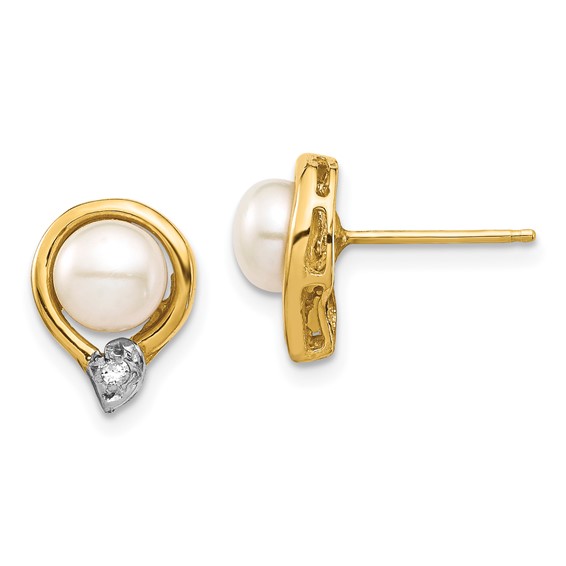 14k 5-6mm White Button Freshwater Cultured Pearl and .02 Carat Diamond Post Earrings