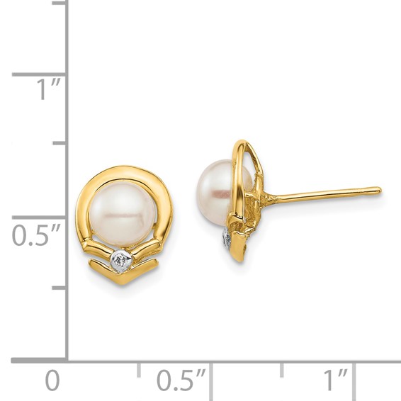 14k 5-6mm White Button Freshwater Cultured Pearl and .02 Carat Diamond Post Earrings