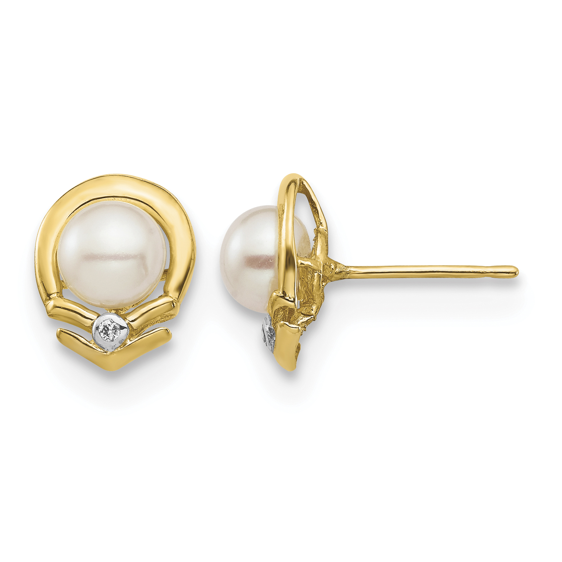 14k 5-6mm White Button Freshwater Cultured Pearl and .02 Carat Diamond Post Earrings (XE3235AA)