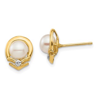 14k 5-6mm White Button Freshwater Cultured Pearl and .02 Carat Diamond Post Earrings