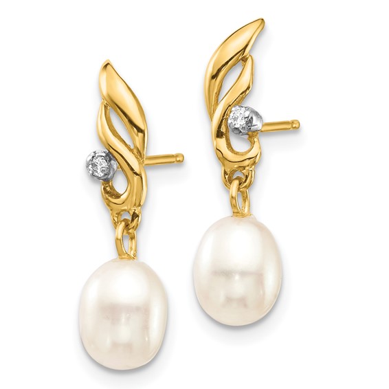 14k 5-6mm White Rice Freshwater Cultured Pearl and .02 Carat Diamond Post Dangle Earrings