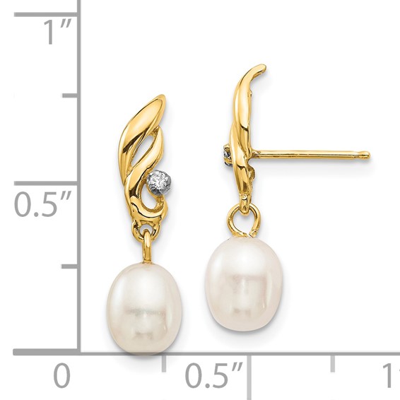 14k 5-6mm White Rice Freshwater Cultured Pearl and .02 Carat Diamond Post Dangle Earrings