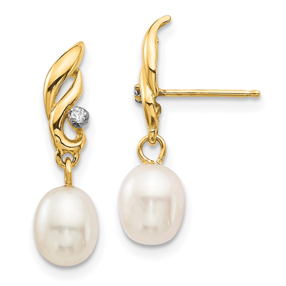 14K 5-6mm White Rice FW Cultured Pearl .02ct Diamond Dangle Earrings