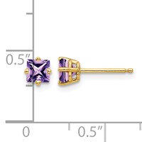 14K 4mm Yellow Gold Princess-cut Amethyst Post Earrings view 4