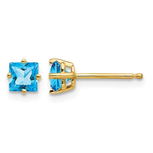 14K 4mm Yellow Gold Princess-cut Blue Topaz Post Earrings
