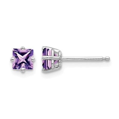14K White Gold 4mm Princess-cut Amethyst Post Earrings