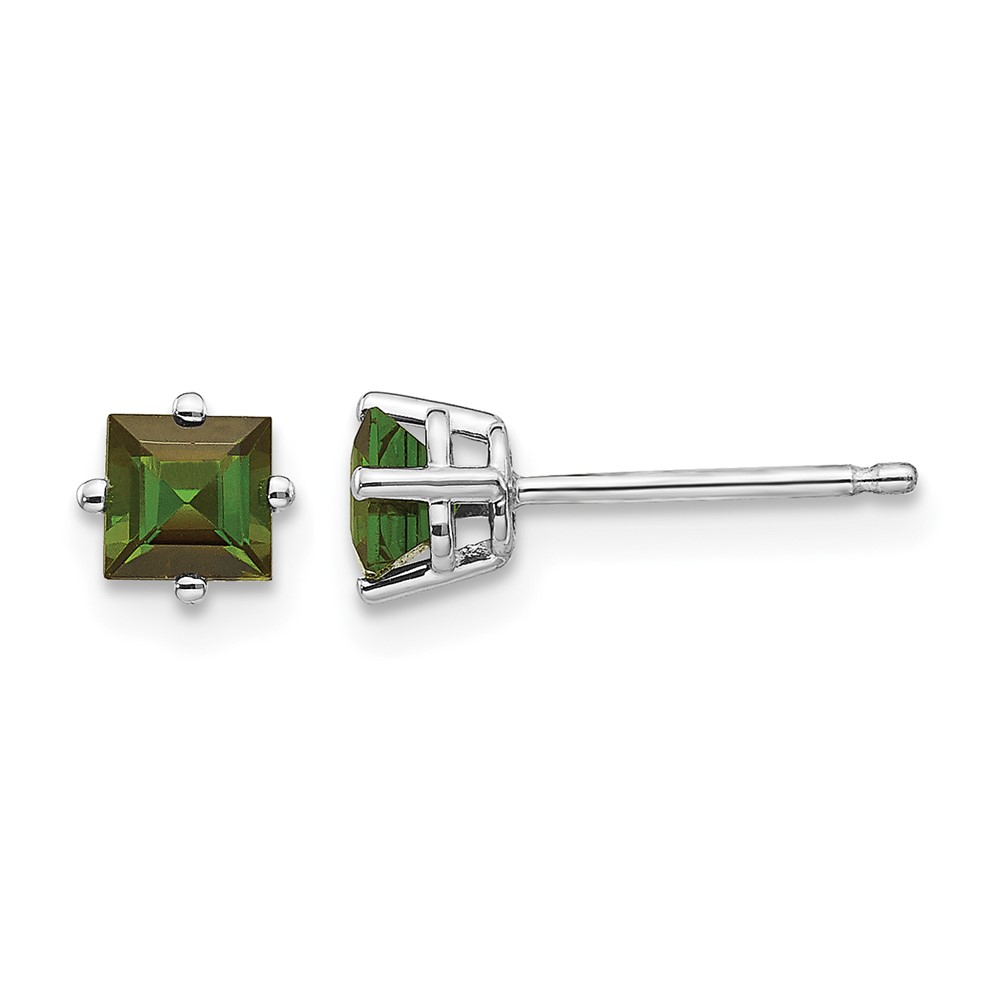 14K White Gold 4mm Princess Green Tourmaline Post Earrings