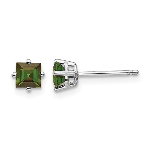 14K White Gold 4mm Princess Green Tourmaline Post Earrings