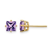 14K 5mm Yellow Gold Princess-cut Amethyst Post Earrings view 1