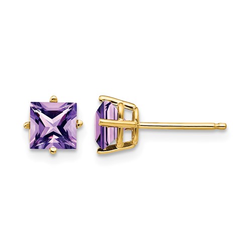 14K 5mm Yellow Gold Princess-cut Amethyst Post Earrings