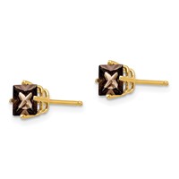 14K 5mm Yellow Gold Princess-cut Smoky Quartz Post Earrings view 2