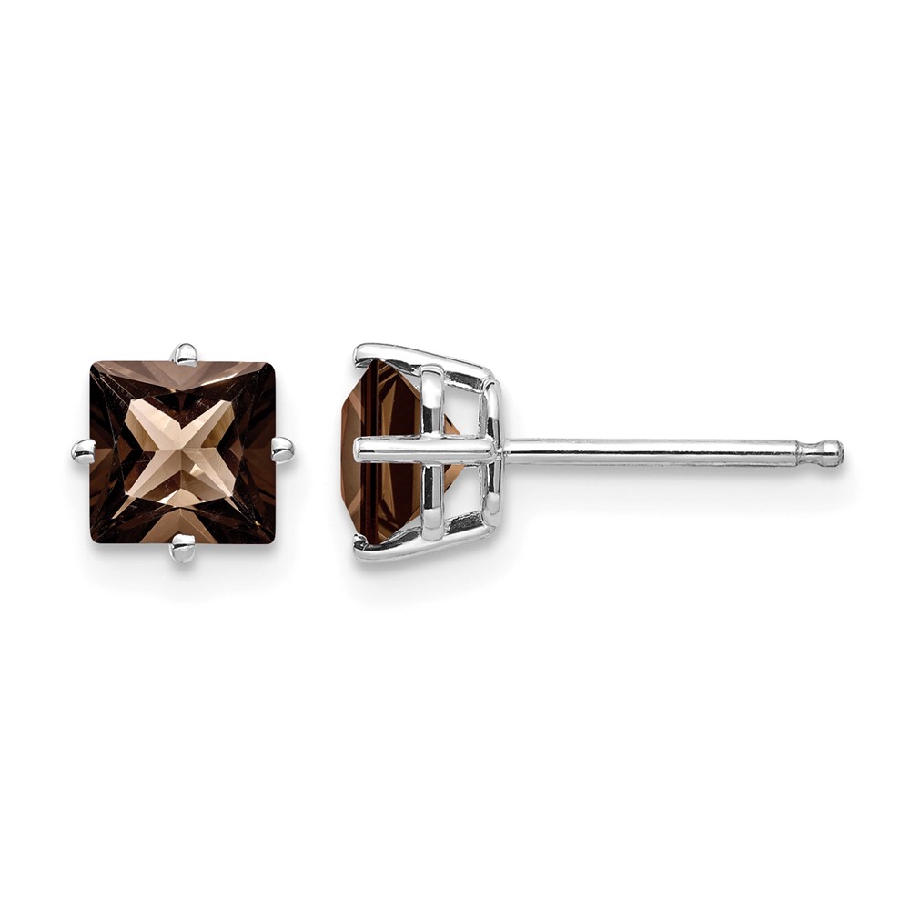 14K White Gold 5mm Square Smoky Quartz Post Earrings