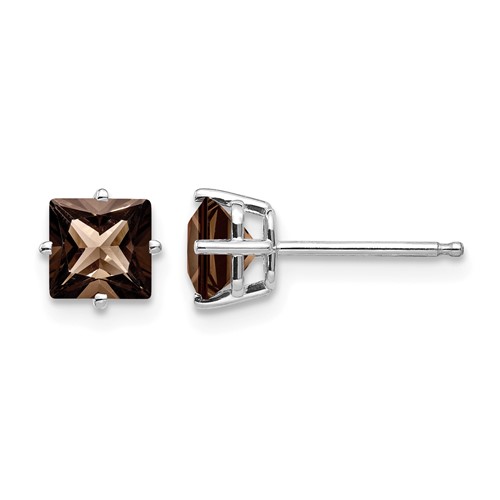 14K White Gold 5mm Square Smoky Quartz Post Earrings