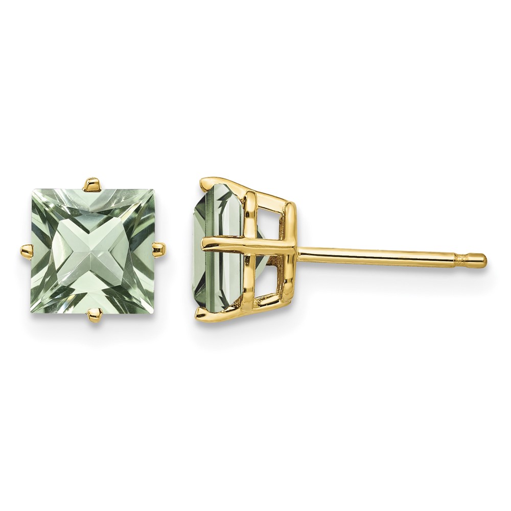 14K 6mm Yellow Gold Square Green Quartz Post Earrings
