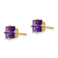 14K 6mm Yellow Gold Princess-cut Amethyst Post Earrings view 2