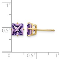14K 6mm Yellow Gold Princess-cut Amethyst Post Earrings view 4