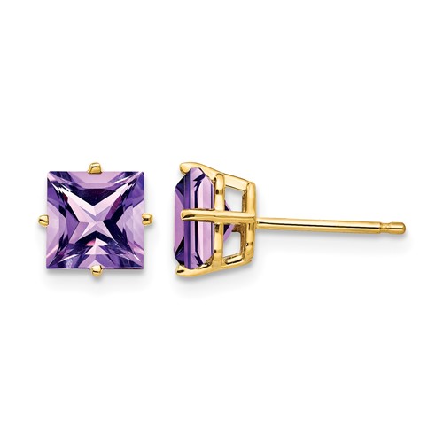 14K 6mm Yellow Gold Princess-cut Amethyst Post Earrings