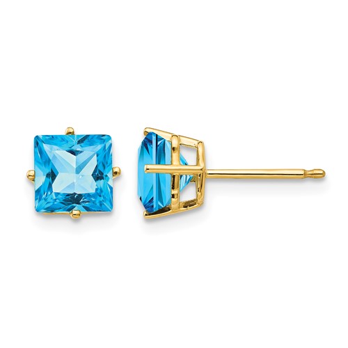 14K 6mm Yellow Gold Princess-cut Blue Topaz Post Earrings