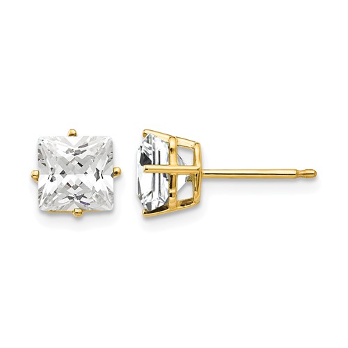 14K 6mm Yellow Gold Princess-cut Cubic Zirconia Post Earrings
