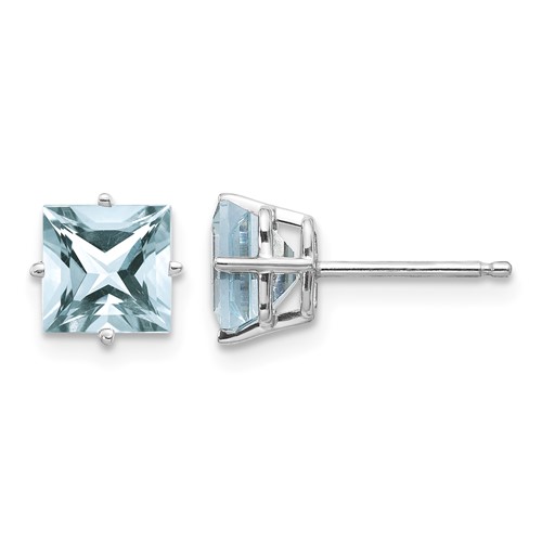 14K White Gold 5mm Princess Aquamarine Post Earrings