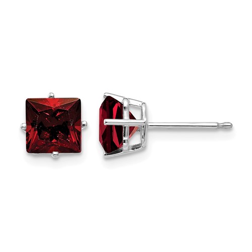 14K White Gold 6mm Princess-cut Garnet Post Earrings