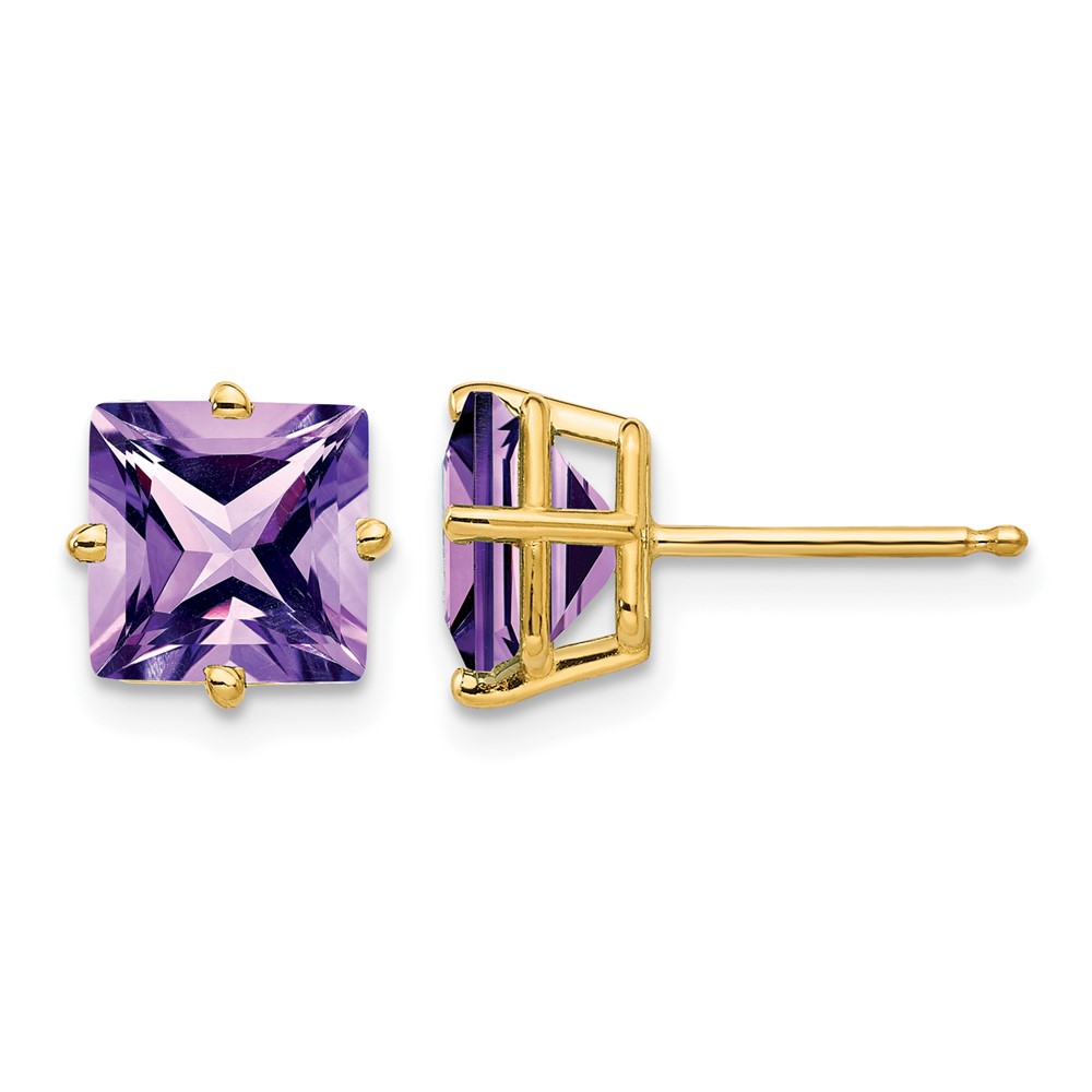 14K 7mm Yellow Gold Princess-cut Amethyst Post Earrings
