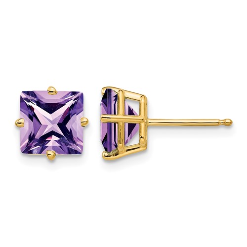 14K 7mm Yellow Gold Princess-cut Amethyst Post Earrings