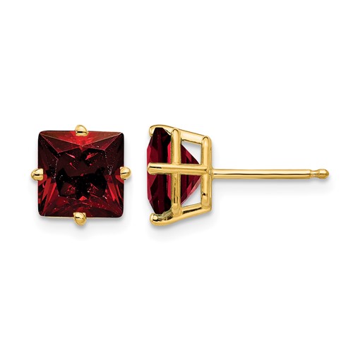 14K 7mm Yellow Gold Princess-cut Garnet Post Earrings