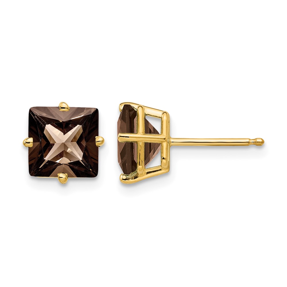 14K 7mm Yellow Gold Square Smoky Quartz Post Earrings