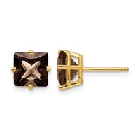 14K 7mm Yellow Gold Square Smoky Quartz Post Earrings view 1