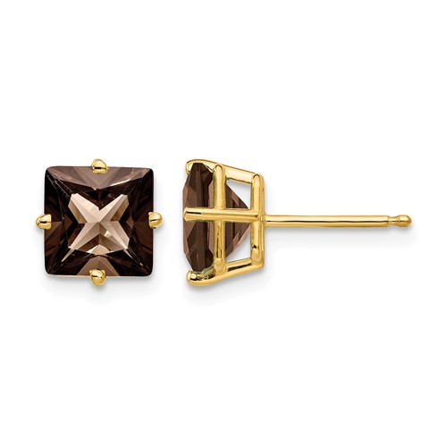 14K 7mm Yellow Gold Square Smoky Quartz Post Earrings