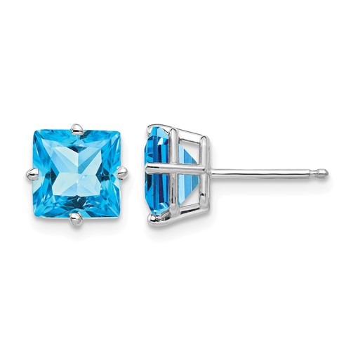 14K White Gold 7mm Princess-cut Blue Topaz Post Earrings