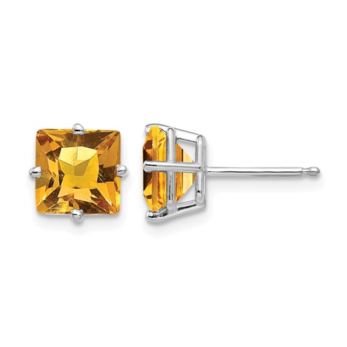 14K White Gold 7mm Princess-cut Citrine Post Earrings