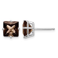 14K White Gold 7mm Square Smoky Quartz Post Earrings view 1