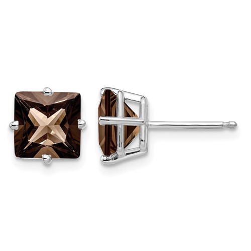 14K White Gold 7mm Square Smoky Quartz Post Earrings