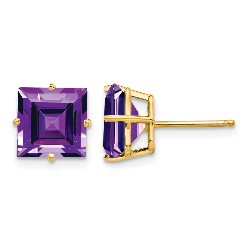 14K 8mm Yellow Gold Square Step-Cut Amethyst Post Earrings