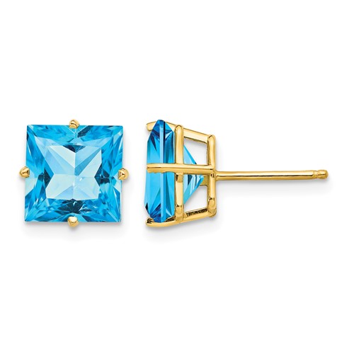 14K 8mm Yellow Gold Square Step-Cut Blue Topaz Post Earrings