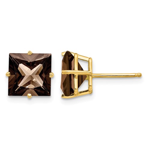 14K 8mm Yellow Gold Square Smoky Quartz Post Earrings