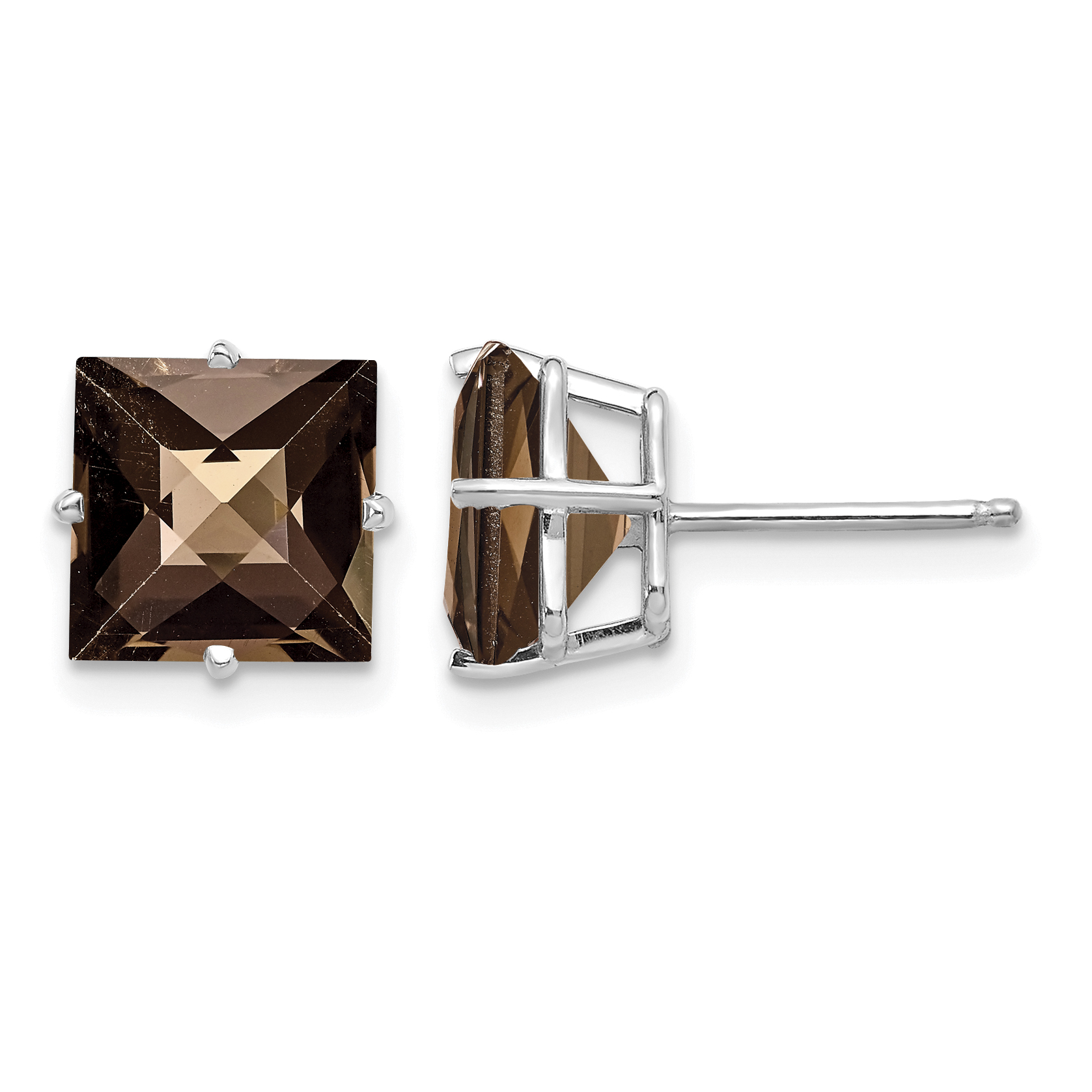 14kw Princess 4-Prong 8.0mm Checker-Cut Smoky Quartz Earrings (XE64WCQ)
