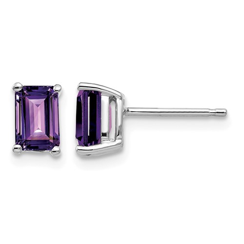 14K White Gold 6x 4mm Emerald-cut Amethyst Post Earrings
