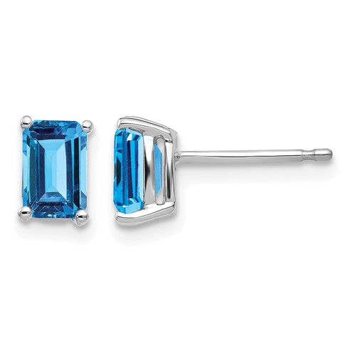 14K White Gold 6x 4mm Emerald-cut Blue Topaz Post Earrings