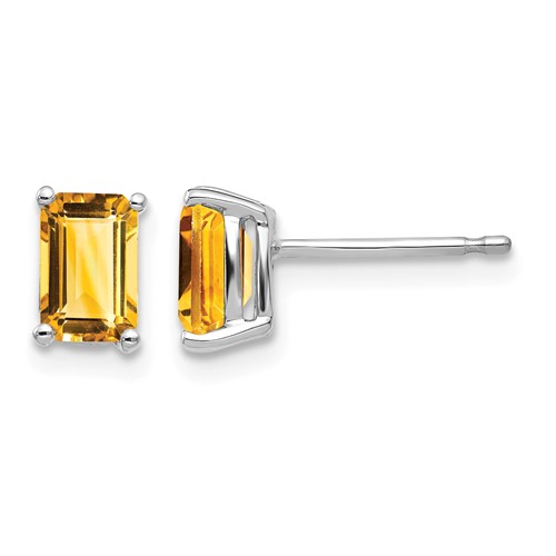 14K White Gold 6x 4mm Emerald-cut Citrine Post Earrings