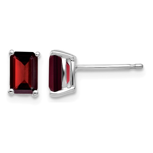 14K White Gold 6x 4mm Emerald-cut Garnet Post Earrings